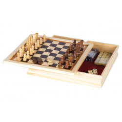 6 in 1 Game Set: 11″ Wood Case: Chess, Checkers, Backgammon, Playing Cards, Dominos, Poker Dice