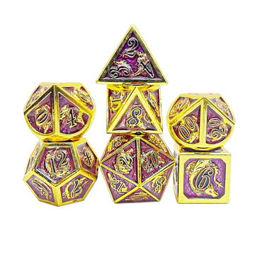 Gold with Purple Solid Metal Dragon Polyhedral Dice Set