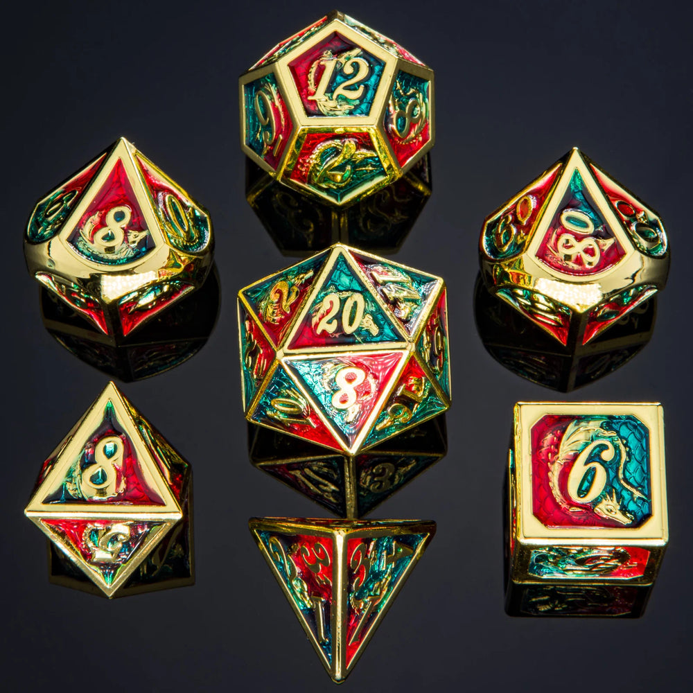 Solid Metal Dragon Polyhedral Dice Set - Gold with Red and Blue