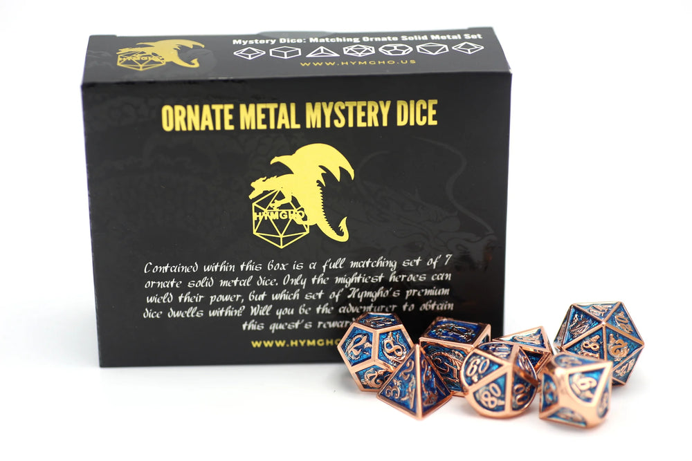 Mystery Set of 7 Matching Ornate Solid Metal Polyhedral RPG Dice