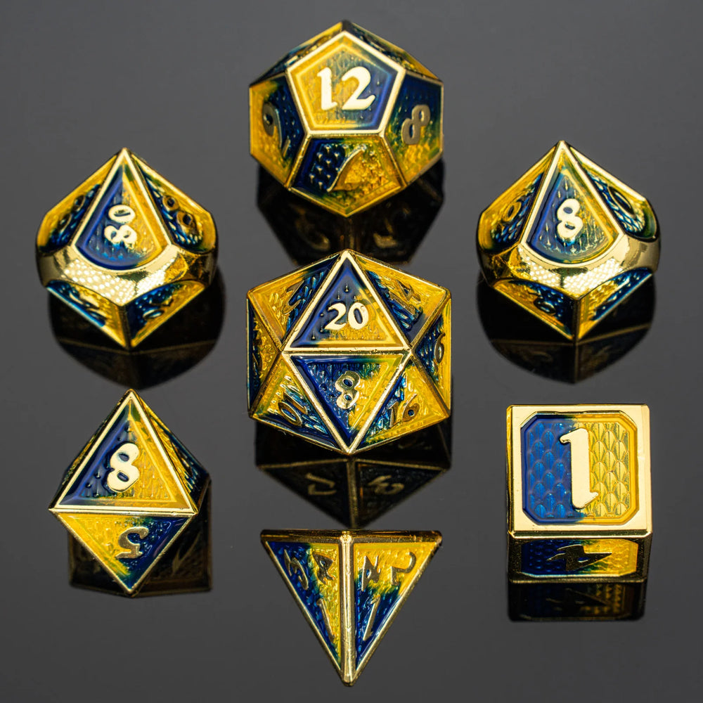 Metal RPG Dice: Behemoth - Gold with Yellow and Blue Enamel (HYMGHO)