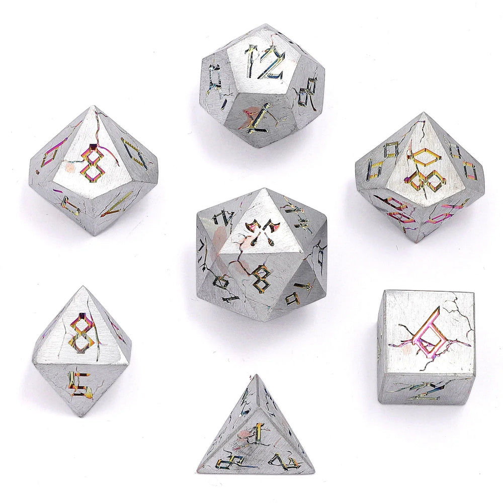 Barbarian Solid Metal Polyhedral Dice Set - Matte Silver and Rainbow