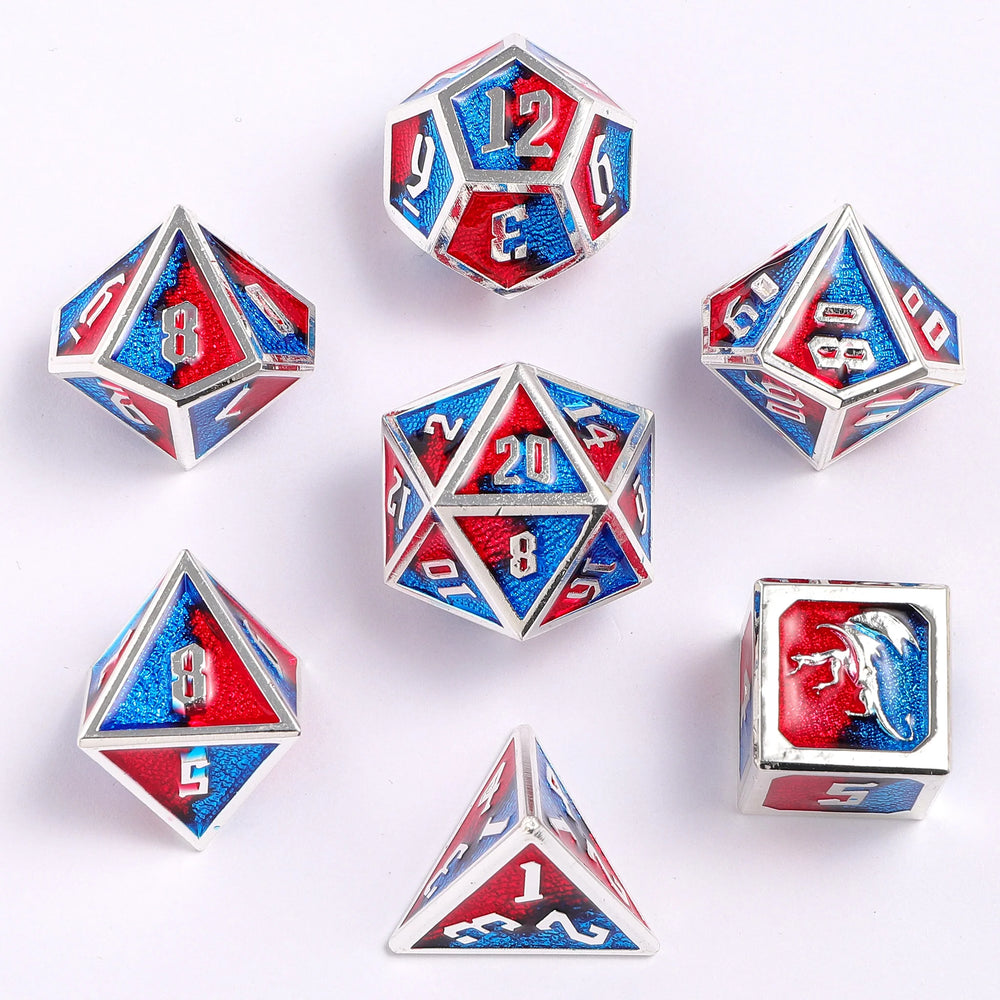 Draconis Solid Metal Polyhedral Dice set - Silver with Red and Blue