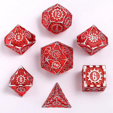 Solid Metal Gear Dice Polyhedral Dice Set - Matte Silver and Red