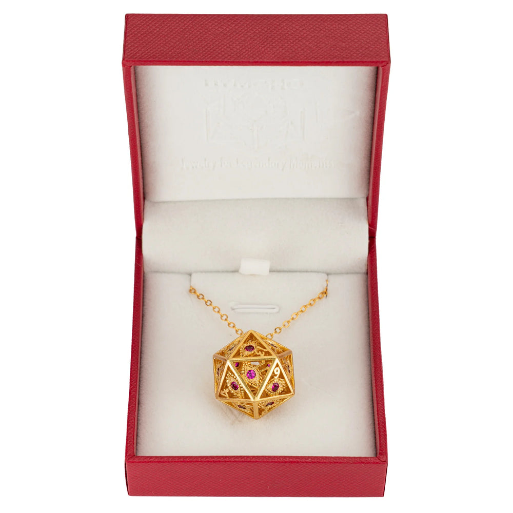 D20 Necklace: Dragon's Eye - Gold with Ruby Gems (HYMGHO)