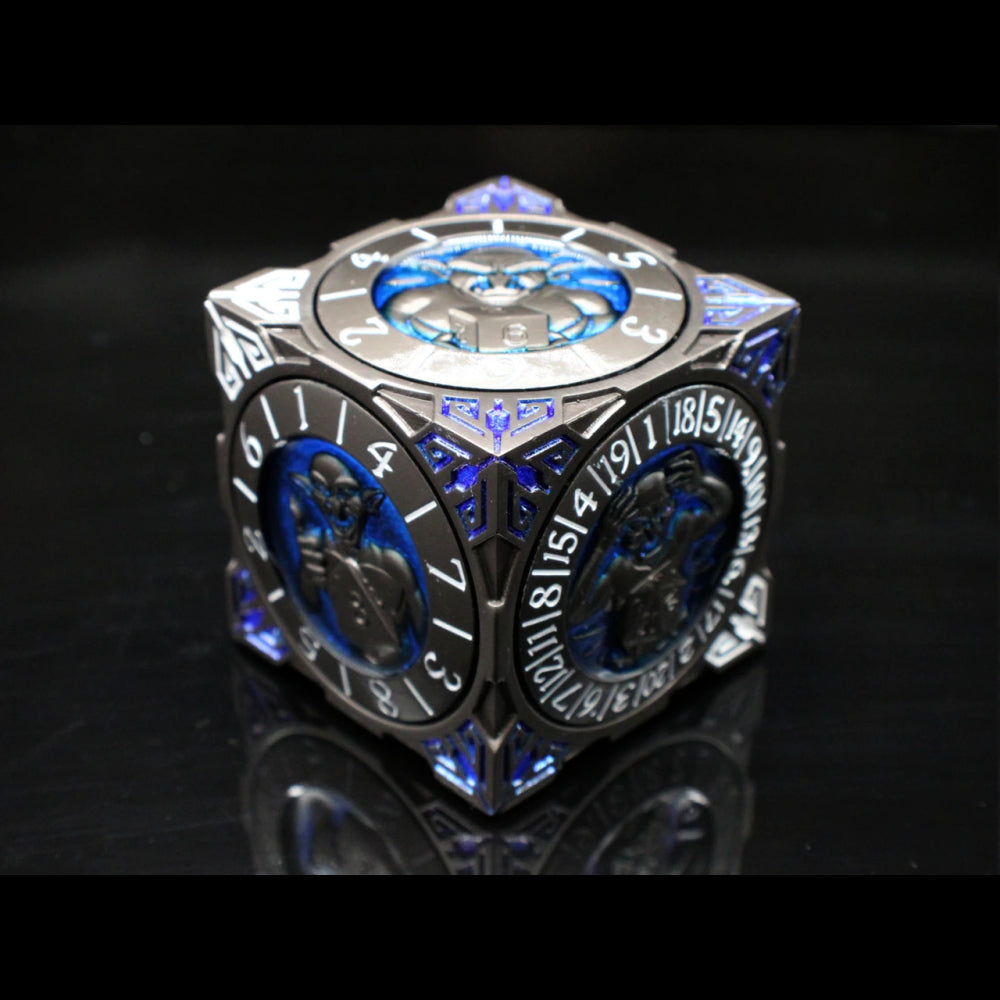 Metal 7-in-1 Dice Spinner: Dice Goblin - Matte Black w/Blue (Old School Dice)
