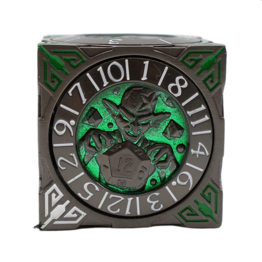 Metal 7-in-1 Dice Spinner: Dice Goblin - Matte Black w/Green (Old School Dice)