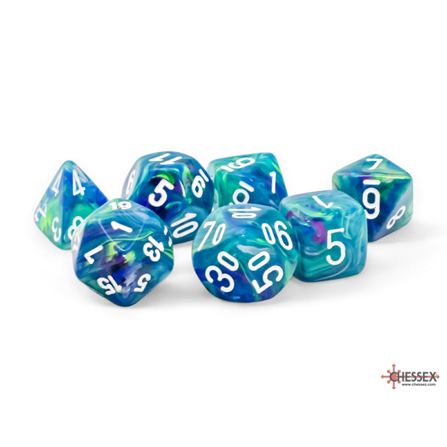 Plastic RPG Dice (Mega): Festive - Waterlily/White UV (CHX 22546)