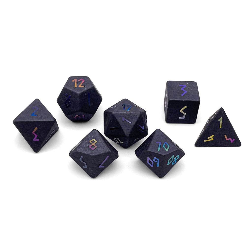 Gemstone RPG Dice: Hematite + Raised Holo Font (Norse Foundry)