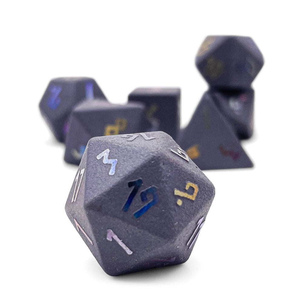 Gemstone RPG Dice: Hematite + Raised Holo Font (Norse Foundry)