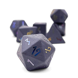 Gemstone RPG Dice: Hematite + Raised Holo Font (Norse Foundry)