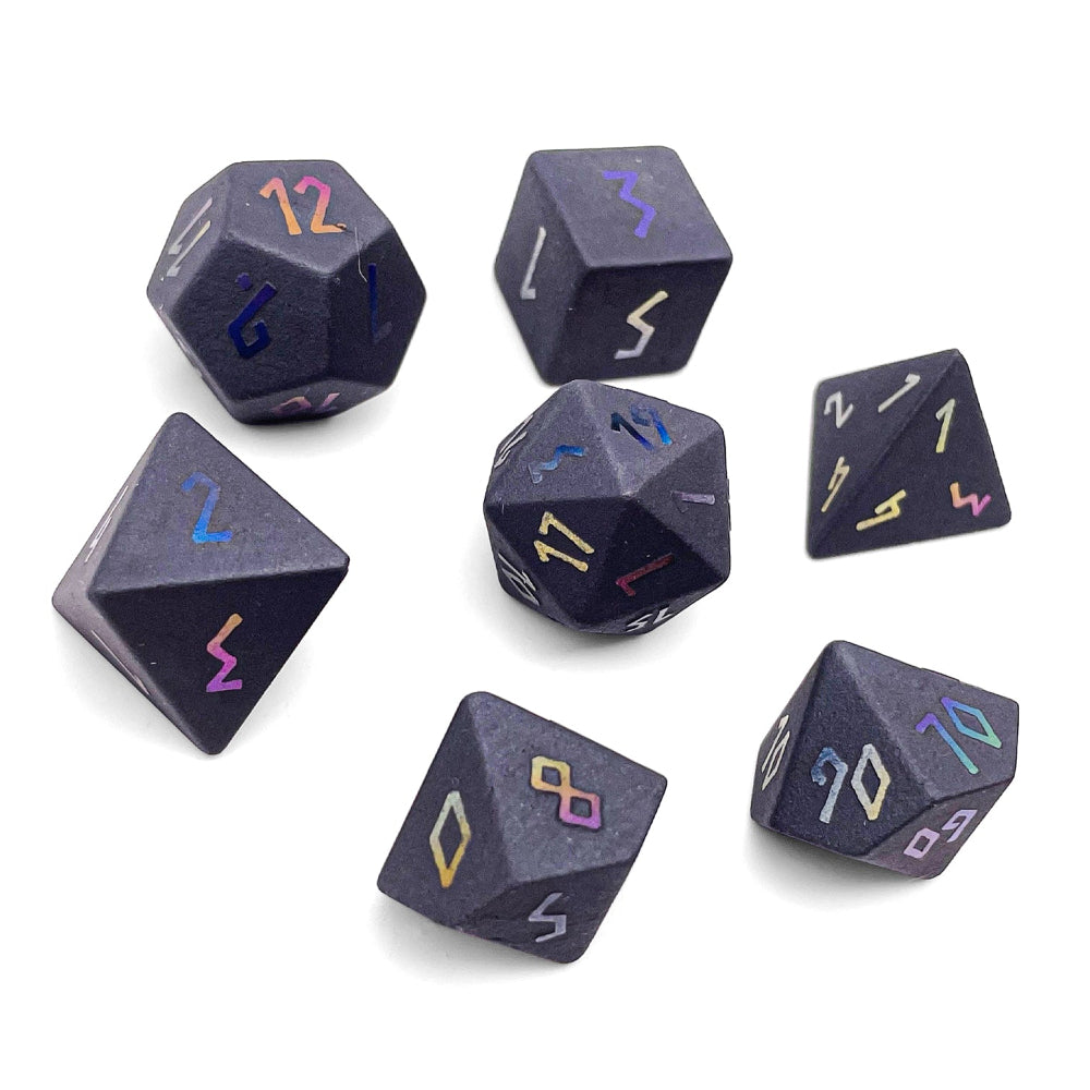 Gemstone RPG Dice: Hematite + Raised Holo Font (Norse Foundry)