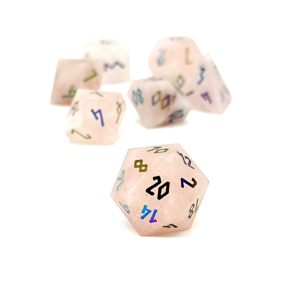 Gemstone RPG Dice: Rose Quartz + Raised Holo Font (Norse Foundry)