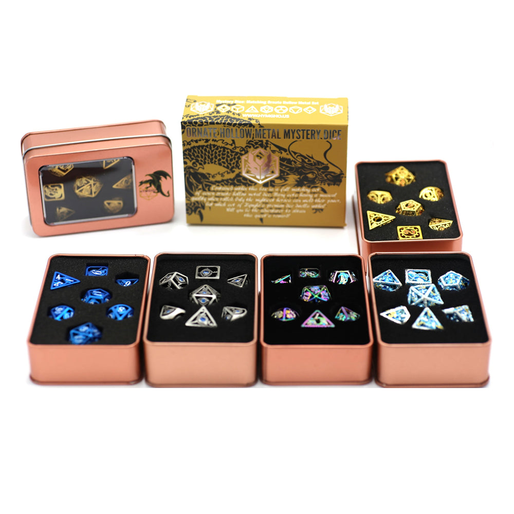 HYMGHO: Mystery Dice - Matching Ornate Hollow Metal 7-Die RPG Set