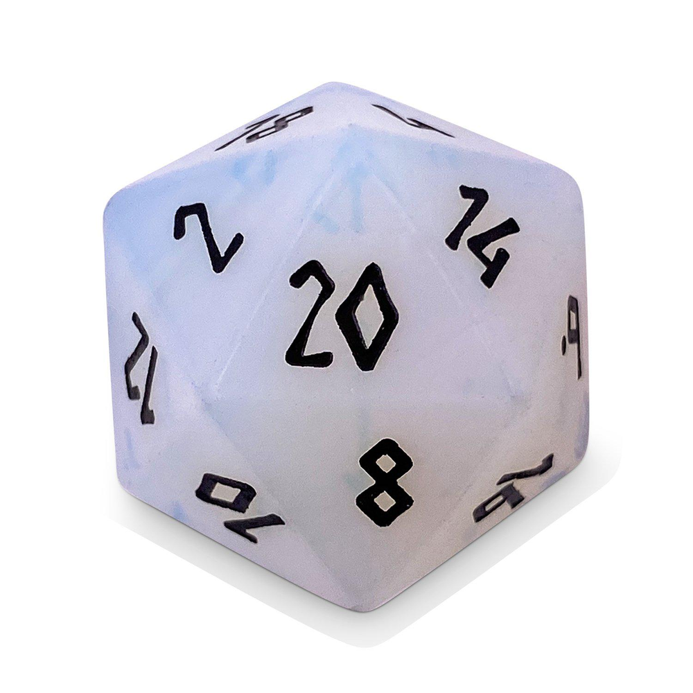 Gemstone D20 (22mm): Opalite + Black Font (Norse Foundry)