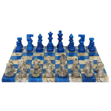 Chess: Blue & Grey Alabaster Chess Set 14.5"