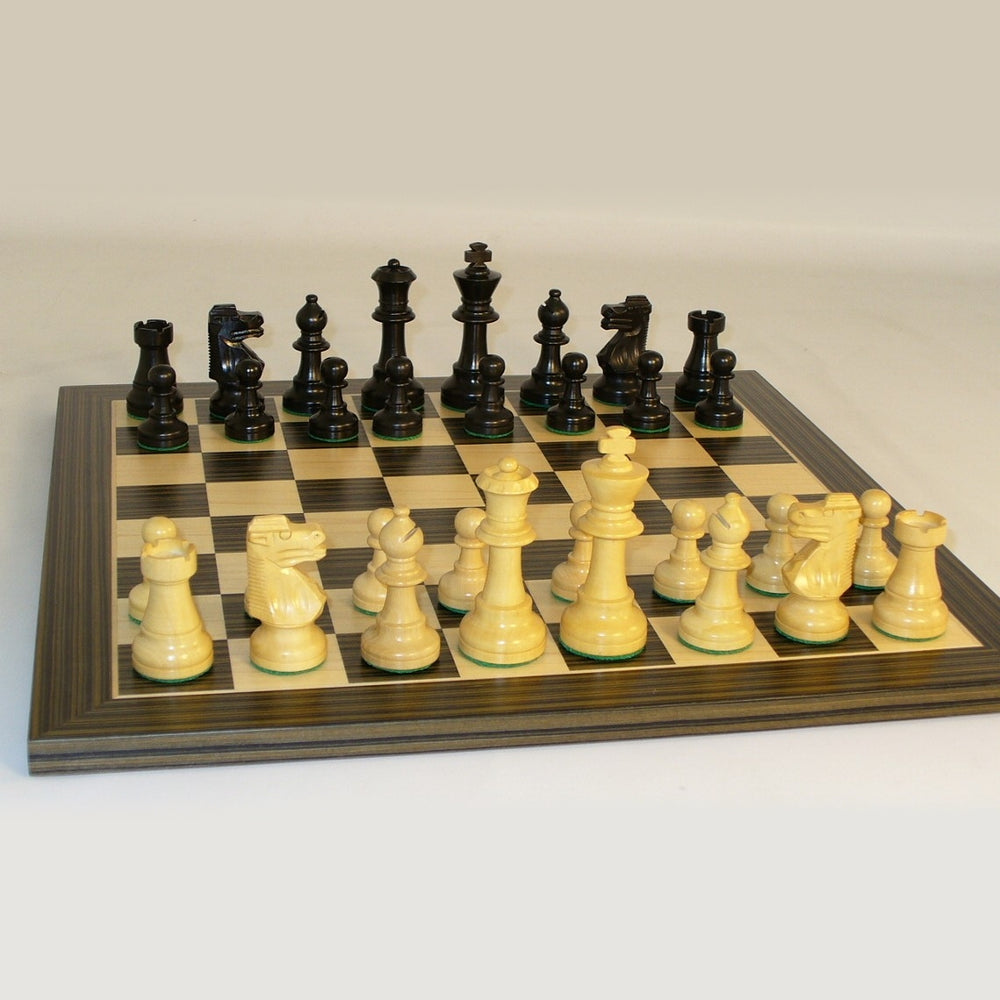 Chess: Black French Chessmen on Ebony veneer Chess Board 14"