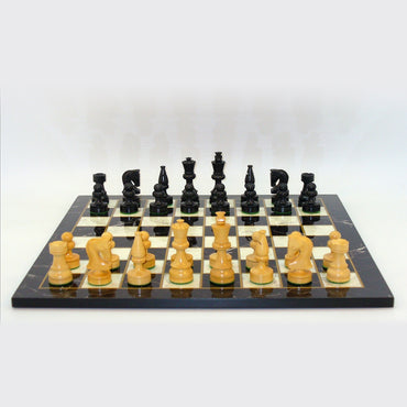 3.5" Black Russian Chessmen on Marbelized Black/White Gold Trim Wood Decoupage Chess Board 17"