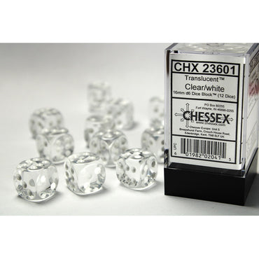 Translucent Clear with White 16mm D6 Set (12)