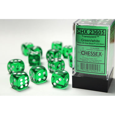 Translucent Green with White 16mm D6 Set (12)