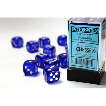 Translucent Blue with White 16mm D6 Set (12)