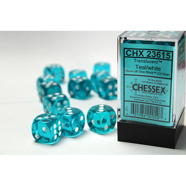 Translucent Teal with White 16mm D6 Set (12)
