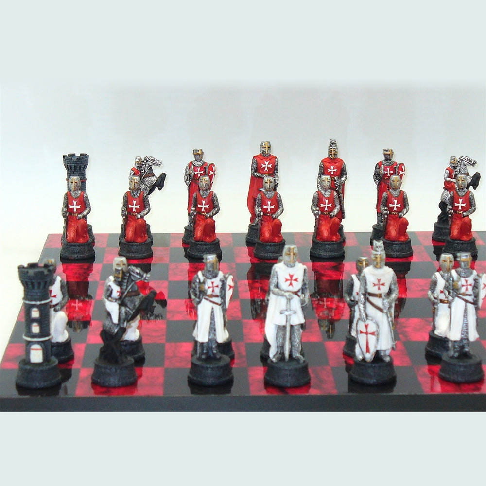 Chess: Crusades Resin Chessmen on Red/Black Burl Decoupage Chess Board 18.25"