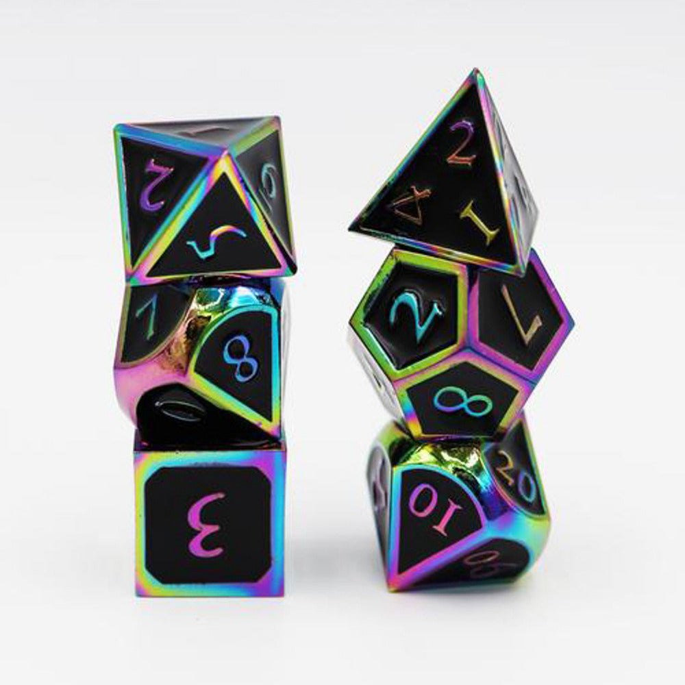 Metal RPG Dice: Burnt Opal with Embossed Onyx (Foam Brain)