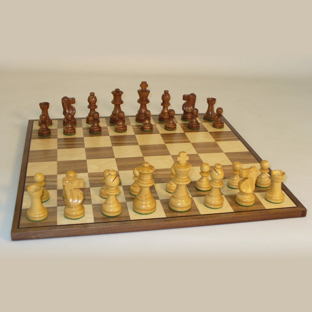 Chess: 3" Sheesham/Boxwood French Style chessmen on Walnut/Maple chess board 15"