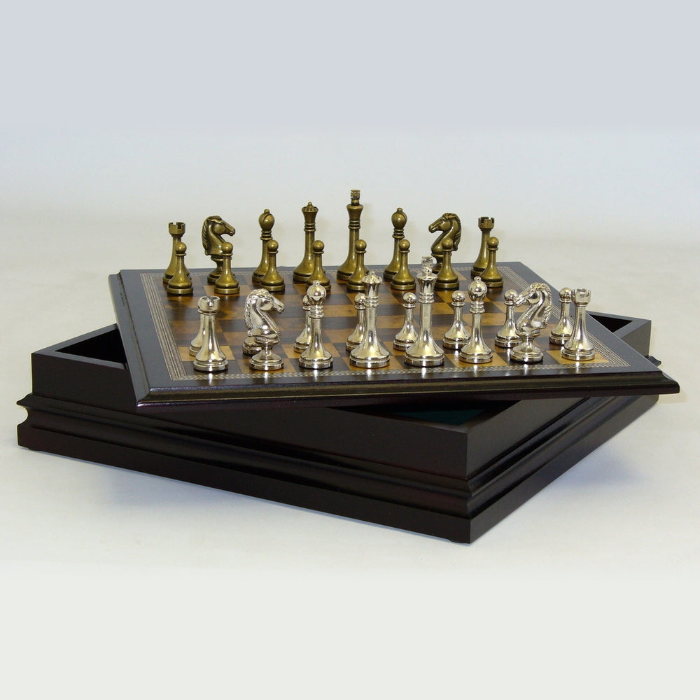 Chess: Metal staunton in Wood Chest 12"