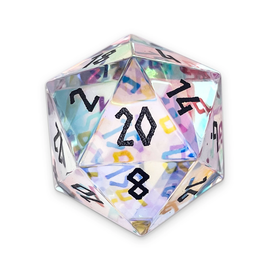 Gemstone D20 (30mm): K9 Glass - Rainbow + Black Font (Norse Foundry)