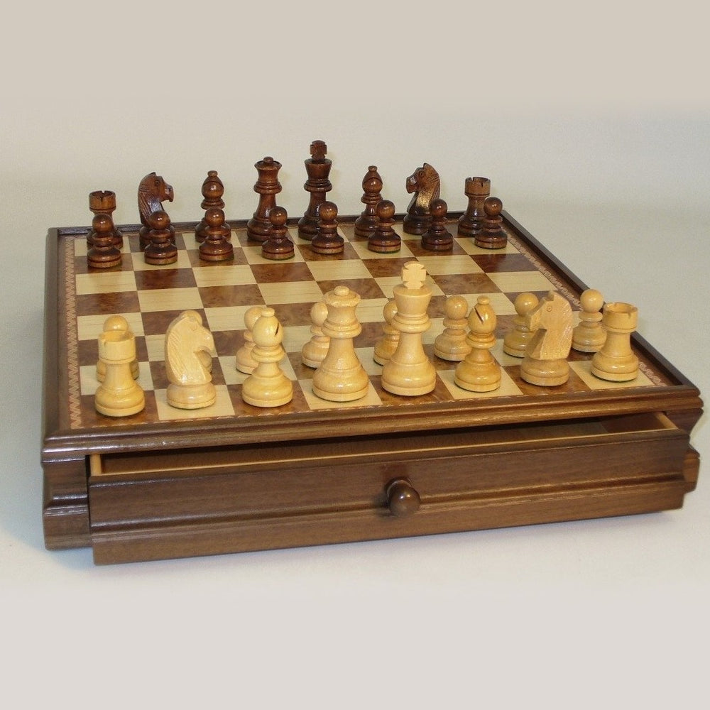 Chess: Wood Inlaid Chest and Chessmen 15"