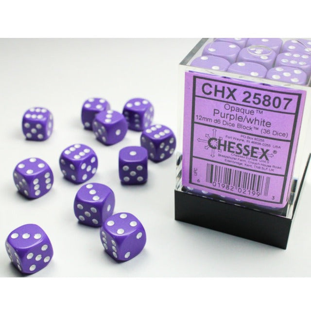Opaque Purple with White 12mm D6 Set (36)