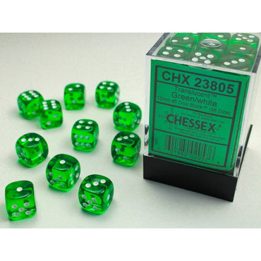 Transparent Green with White 12mm D6 Set (36)