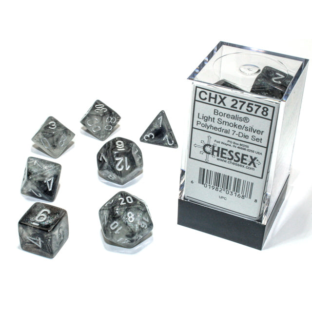 Luminary Borealis- Light Smoke/silver font RPG Dice Set