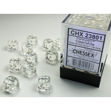 Transparent Clear with White 12mm D6 Set (36)